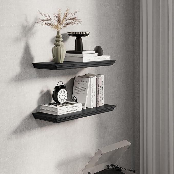 Fun Memories Floating Shelves 24 Inch Long, 9.3 Inch Deep Classic Crown Molding Floating Shelves for Wall, Rustic Wooden Shelves for Wall Decor Bathroom, Kitchen, Office, (Black, 2Pack)