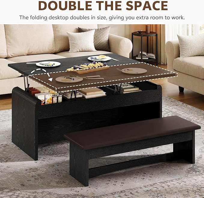 Coffee Table Lift Top, 40'' Multi-Function Coffee Table Set with Bench & Hidden Compartment, Center Table w/Curved Corner, Converts to Home Office Table, Dining Table for Living Room, Black