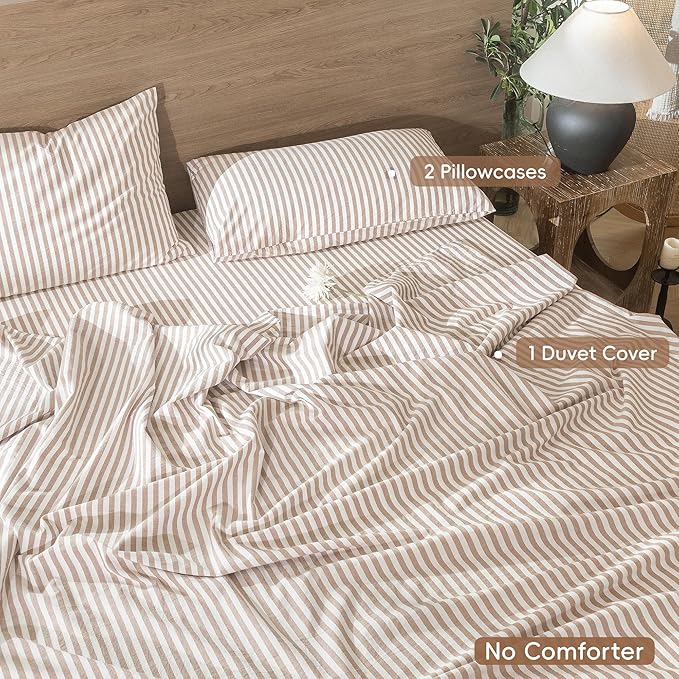 MooMee Striped Duvet Cover Set 100% Washed Cotton Linen Like Textured Breathable Durable Soft Comfy (Orange Classic Stripes, Palatial King/Oversized King 120"x98")