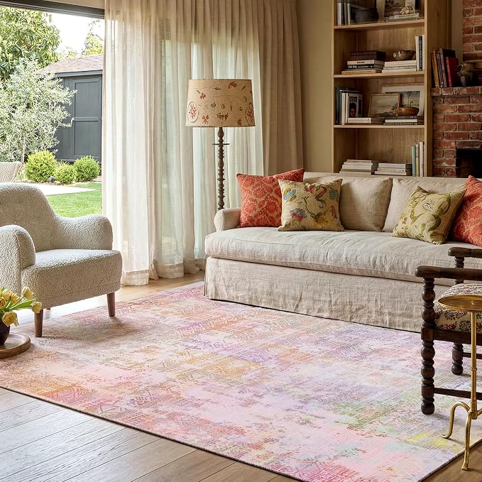 Kokia Abstract 9x12 Area Rugs Living Room Washable Low Pile Non-Slip Indoor Decor Pink Orange Carpet Foldable Stain Resistant Ombre Rugs Bedroom Dining Room, Oslo Liora