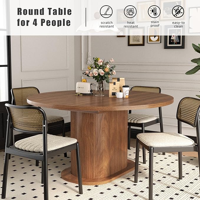 39.37"-55.12" Round Extendable Dining Table, Oval Kitchen Table with Fluted Metal Slide Door, Space-Saving Expandable Dining Table for Small Apartment & Family Use, Walnut