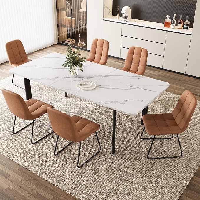 Extendable Dining Table Set for 6-8 People, 63 to 78.7 Inch MDF Kitchen Table with 6 Upholstered Chairs, Space-Saving for Dining Room, Breakfast Nook (White Table & 6 Brown U-Shaped Chairs)