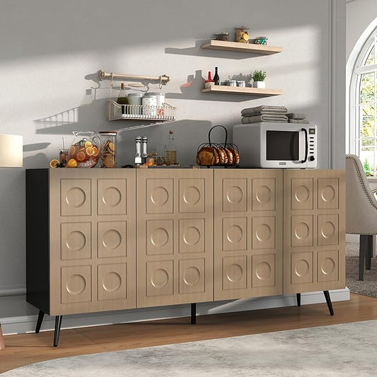 Sideboard Buffet Cabinet with Storage: 63" Large Accent Fluted Oak and Black Buffet Cabinet with 4 Doors, Mid Century Modern Credenzas for Living Room (Oak and Black)