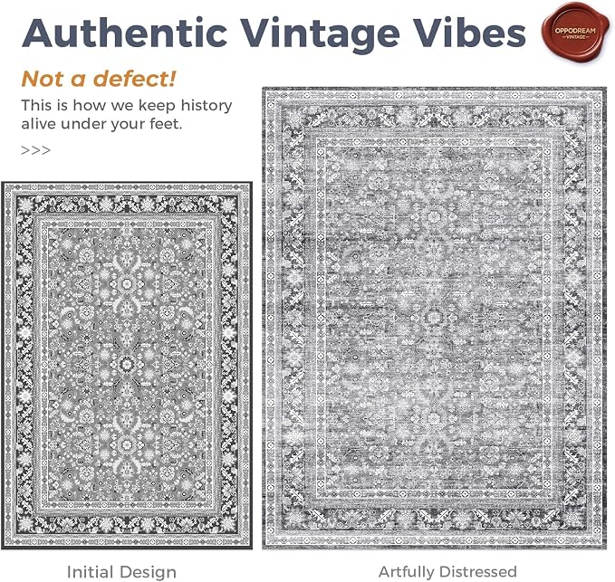 OPPODREAM Vintage Grey Area Rugs 6x9, 6 x 9 Retro Washable Rug Non Slip, Low-Pile Faux Wool Carpet, Distressed Gray Floor Mat for Living Room, Bedroom, Kitchen, Office, Dorm, Dinning Room
