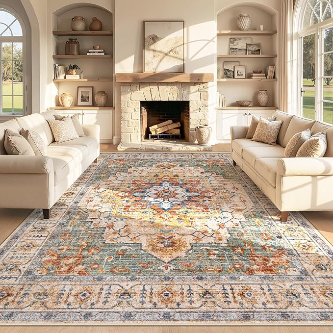 Area Rug 8x10 Vintage Rug: Large Washable Indoor Medallion Rugs Low Pile Distressed Floor Carpet Retro Accent Rug for Living Room Bedroom Kitchen Dining Table Home Office(Green/Yellow, 8'x10')