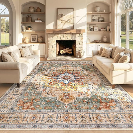 Area Rug 8x10 Vintage Rug: Large Washable Indoor Medallion Rugs Low Pile Distressed Floor Carpet Retro Accent Rug for Living Room Bedroom Kitchen Dining Table Home Office(Green/Yellow, 8'x10')