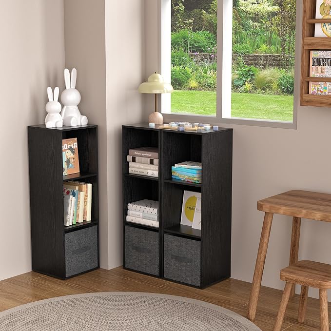 Wooden Cube Storage Organizer with Closed Back Panel,Black Cube Shelf Cubby Storage Organizer with Compartments for Living,Bookshelf,Storage Organizers (Black, 3 Cube-11in)
