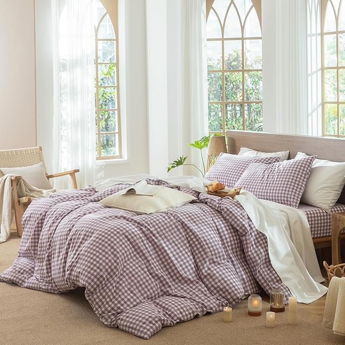 MooMee Gingham Duvet Cover Set 100% Washed Cotton Linen Like Textured Breathable Durable Soft Comfy Modern Checkered Design (Classic Gingham Light Purple, Palatial King/Oversized King 120"x98")