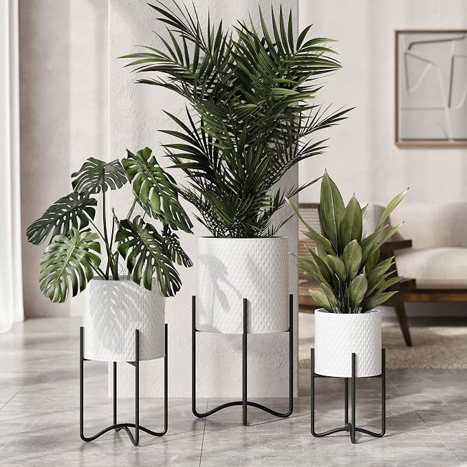EverNest Claire Mid-Century Modern White Plant Pot with Ambrose Stand, SelectBase, Indoor Plant Pot, Bohemian Style, Minimalist Plant Home Décor (Set of 3, Black)