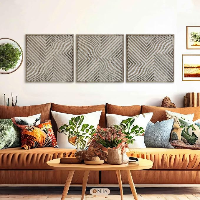 Large Abstract Art featuring Geometric Optical Wave Wood Wall Decor, Mid Century Modern Wooden Wall Panels, Triptych Home Accents Gift for Living Room and Bedroom