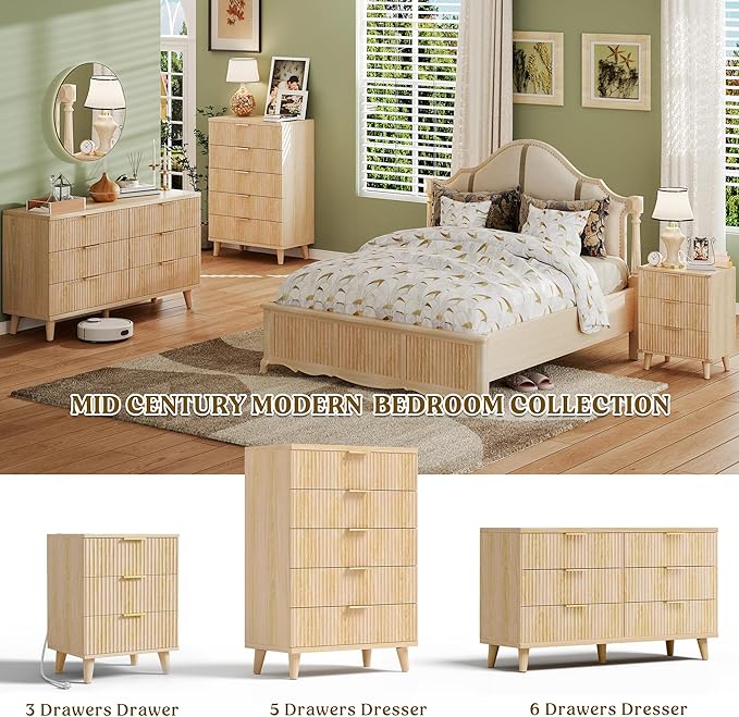 Lulive Wood Night Stand Set 2 Fluted Dresser for Bedroom 3 Drawers End Tables Nightstand with Charging Station, Storage Modern Side Table Natural