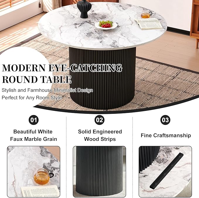Wooden Dining Table Set with 4 Seated Dining Arm Chairs, 47-in Industrial Kitchen Table Round with Black Upholstered Barrel Side Accent Chairs Set, Classic Breakfast Nook Dinette Set