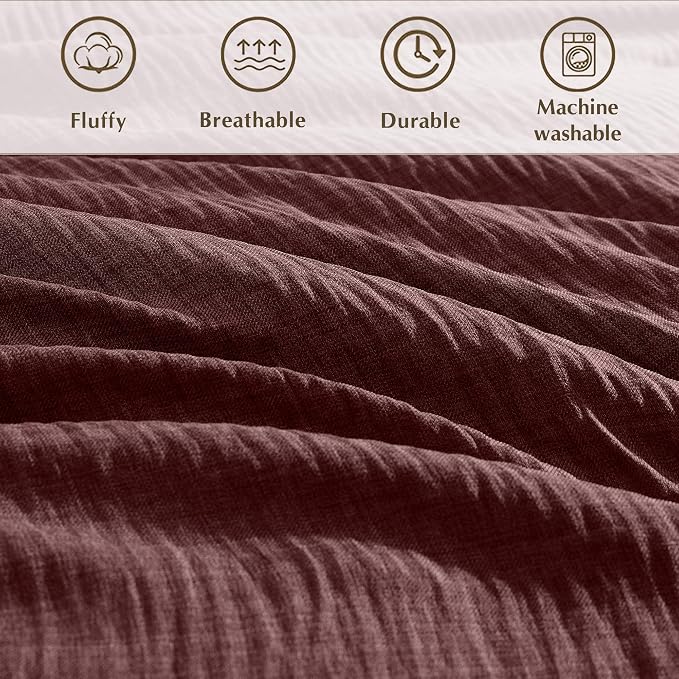 Geniospin King Size Comforter Set- 7 Piece Burgundy Textured King Bedding Set, Soft Solid Bed in a Bag for All Season, King Comforter Set with Sheets(Burgundy,102''x90'')