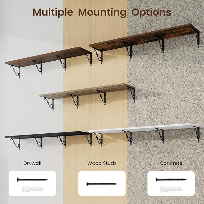 RICHFOCUS 12 Inch Deep Floating Shelves for Wall, 55" W x 12" D Wood Wall Shelves Set of 2, Wide Floating Shelves for Living Room, Bedroom, Kitchen, Bathroom and Decor Storage, Walnut