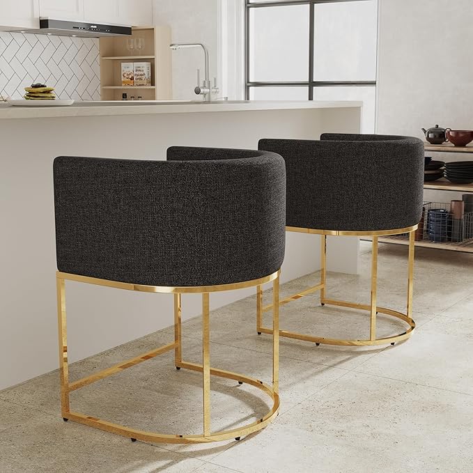 Contemporary Linen Bar Stools Set of 2, 24" Upholstered Fabric Counter Height Barstools Kitchen Counter Island Stools with Golden Metal Base, Charcoal