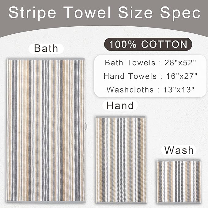 VOOVA & MOVAS Beige Striped Bath Towels, Bathroom Towels Set of 4, 28"x52" - 100% Cotton | Quick Dry | Absorbent | Light Weight, Tan Body Towel with Hanging Loop, Tan and Gray Stripe