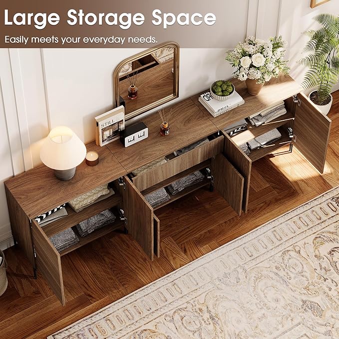 WAMPAT 94.5" Buffet Sideboard Cabinet with 1 Drawer & 6 Doors, 3-in-1 Fluted Sideboard with Adjustable Shelves, Modern Buffet Table Coffee Bar Wine Bar Cabinet for Dining Room, Living Room, Walnut