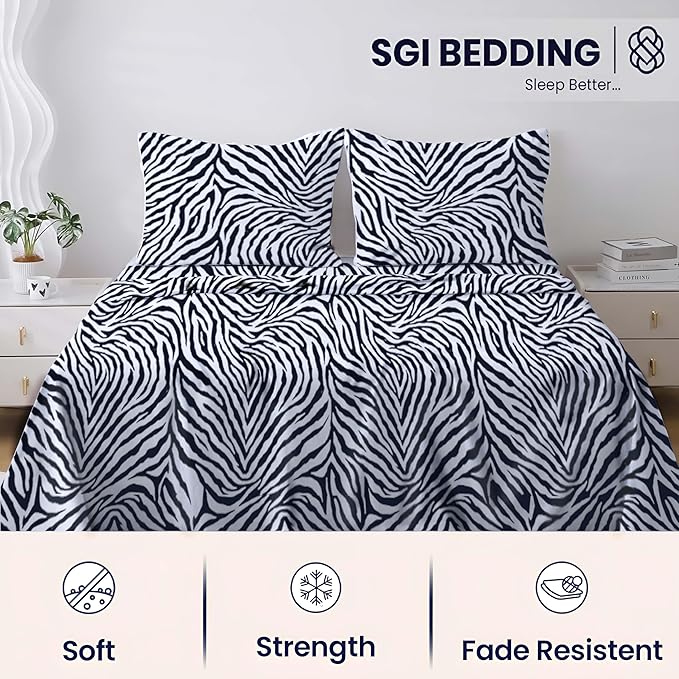 SGI bedding RV Short Queen Sheet Set 60x75, 600 TC Egyptian Cotton, 4 Piece Luxury Hotel Collection, Ultra Soft & Breathable, Fits RV Mattress Camper & Trailer, 15 Inch Pocket, Zebra Print
