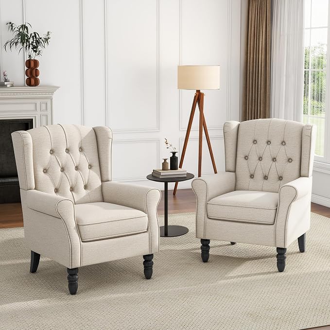 High Back Accent Chairs Set of 2, Fabric Upholstered Armchair Wingback Chair for Living Room, Comfy Single Sofa Bedroom Reading Seat with Solid Wood Legs, Beige