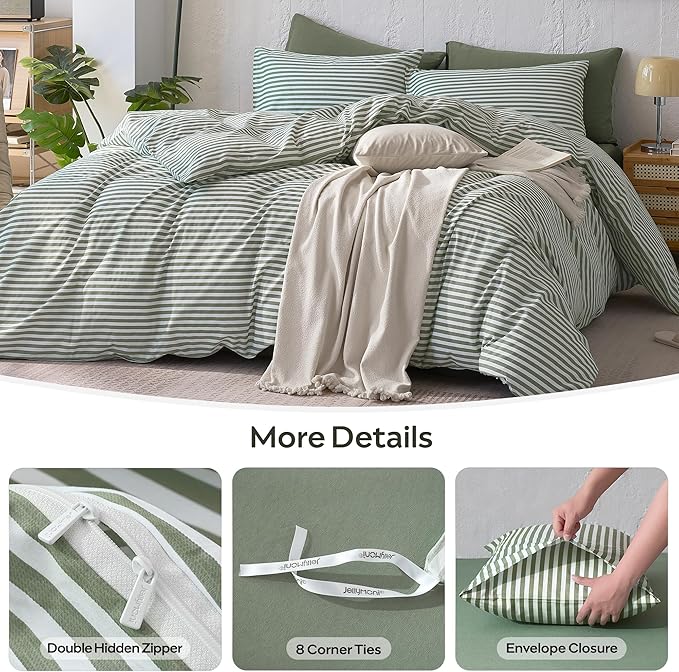 JELLYMONI Striped Duvet Cover Set - King Size Comforter Cover, Classic Green & White Stripes, 100% Cotton 3 Pcs Bedding with Zipper Closure & 8 Corner Ties for Master or Guest Bedroom