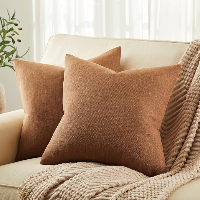 ZeeMart Rustic Cotton Linen Throw Pillow Covers Set of 2, 22x22 Inch Caramel, Farmhouse Style Decorative Couch Pillow Cases Cushion Covers for Sofa Bed Living Room Home Decor