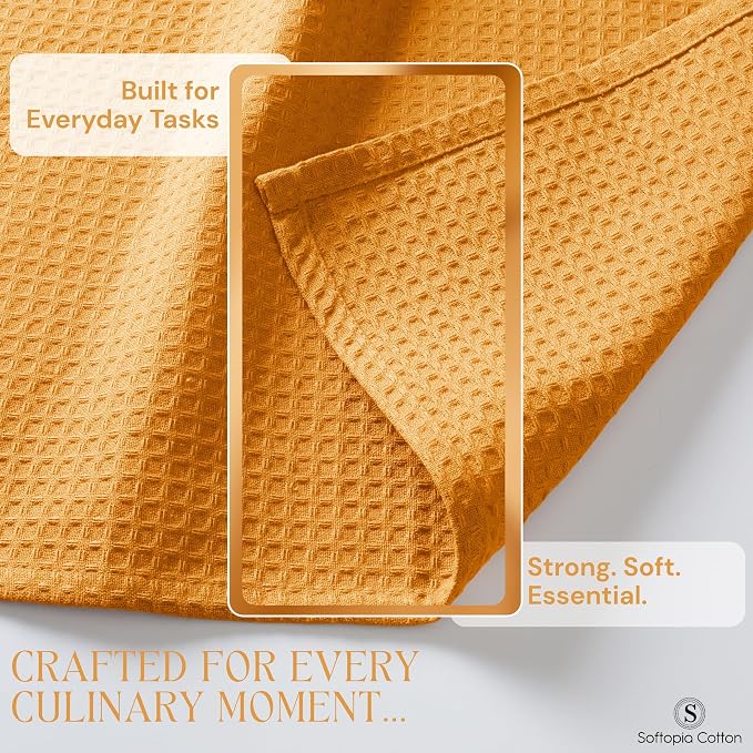 Mustard Yellow Waffle Kitchen Dish Towels 100% Cotton, Soft, Absorbent, Quick Drying, Multipurpose Use, Bar & Hand Towels, 16x26 Inches, Durable, Machine Washable, Reusable, Set of 4