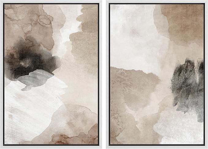 MUDECOR Framed Canvas Print Wall Art Watercolor Brown White Black Collage Abstract Shape Illustrations Modern Art Decorative Bohemian Colorful Chic for Living Room, Bedroom, Office - 24"x36"x2 White