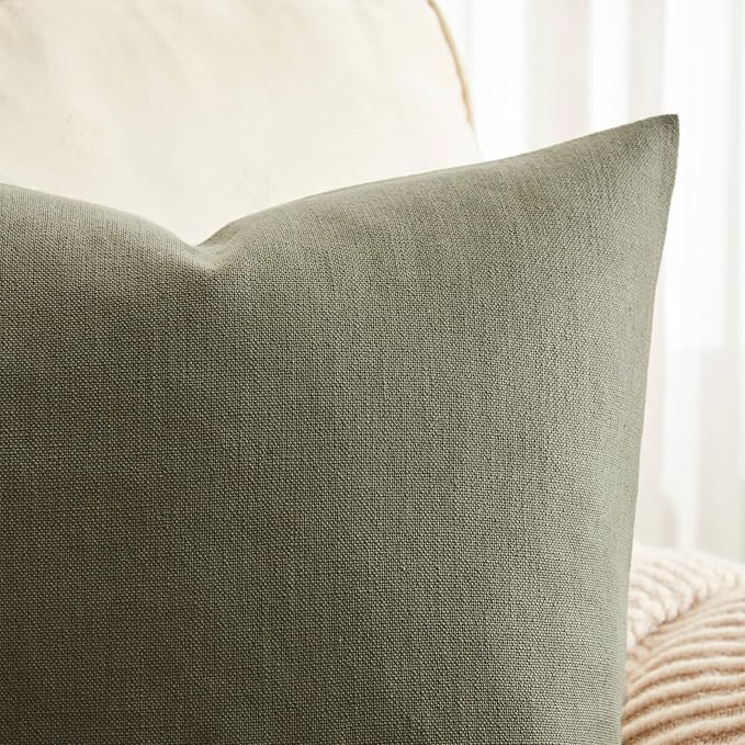 ZeeMart Rustic Cotton Linen Throw Pillow Covers Set of 2, 16x16 Inch Olive, Farmhouse Style Decorative Couch Pillow Cases Cushion Covers for Sofa Bed Living Room Home Decor