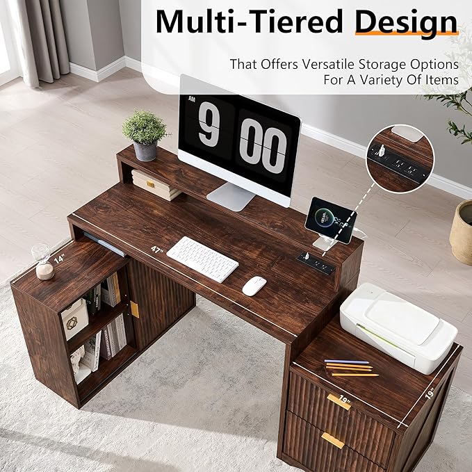 JXQTLINGMU 67" Modern L Shaped Desk with Storage Cabinet & Drawers, Wood Home Office Desk with Power Outlets, Fluted Computer Writing Desk, Dark Walnut