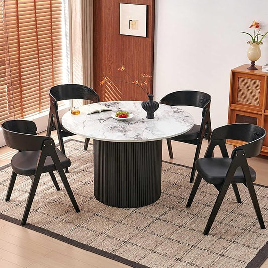 Howtek 47″ Round Dining Table Set for 4-6 People, 5 Piece Modern Kitchen Table with Faux White Marble Wood Grain Finish & 4 PU Leather Upholstered Dining Chairs（Curved Backrest & Solid Wood Legs ）