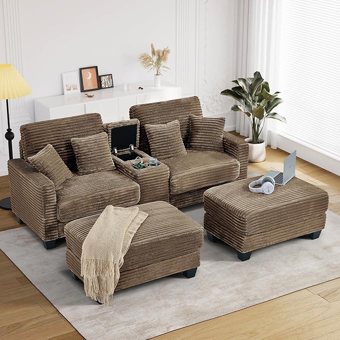 Oversized Chaise Lounge Chair Indoor with Storage & USB, Cup Holder & Ottoman, Firm Solid Wood Frame with Long Service Life Corduroy Oversized Lounge Reading Chair for Large Study Room - Camel