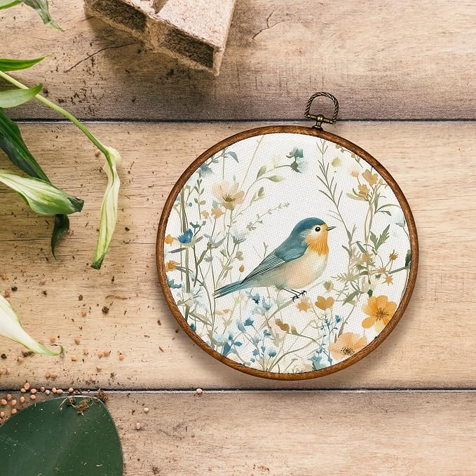 KSDUT Retro Aesthetic Floral Bird Wall Art Decor - Botanical Neutral Mid Century Modern Wall Art Canvas Frame Hanging Prints, Vintage Landscape Round Wall Art Decor for Home Decorations 10"x10"