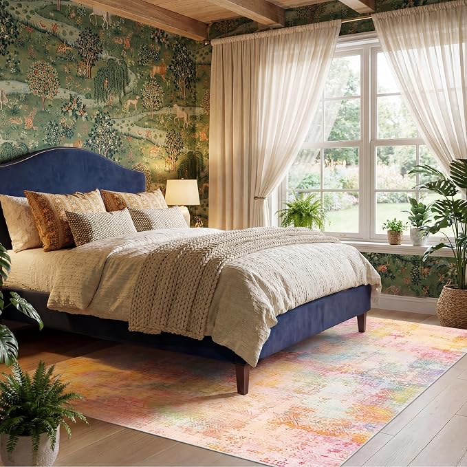 Kokia Abstract Area Rugs 8x10 Bedroom Soft Living Room Rugs Washable Distressed Vintage Comfy Pink Orange Carpet with Non-Slip Backing for Farmhouse Home Office Room Decor, Oslo Sunrise