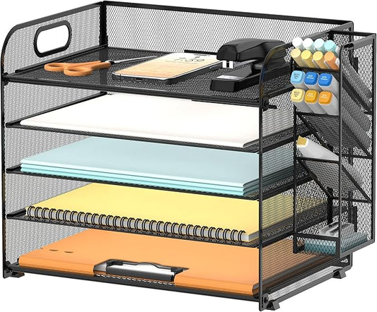 SUPEASY 5 Tier Desk Organizer with Handle & Removable Pen Holders, Mesh Paper/File Organizer for Desk, Paper Letter Tray Organizer for Office Supplies (Black)