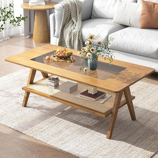 Mid Century Modern Coffee Table with Glass Top and Rattan Storage Shelf, Rectangular Natural Wooden Coffee Table, Unique Center Tables for Living Room Apartment Home, 47.2 Inch