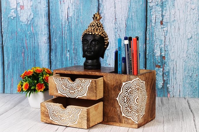 Wooden Hand craved Desk Organizer Pencil Pen Stationery Holder Cosmetic Storage Desk Box Home Office Art Supplies with 2 Drawer Wooden Tabletop Stationery Holder with 2 Drawers Storage Cabinet