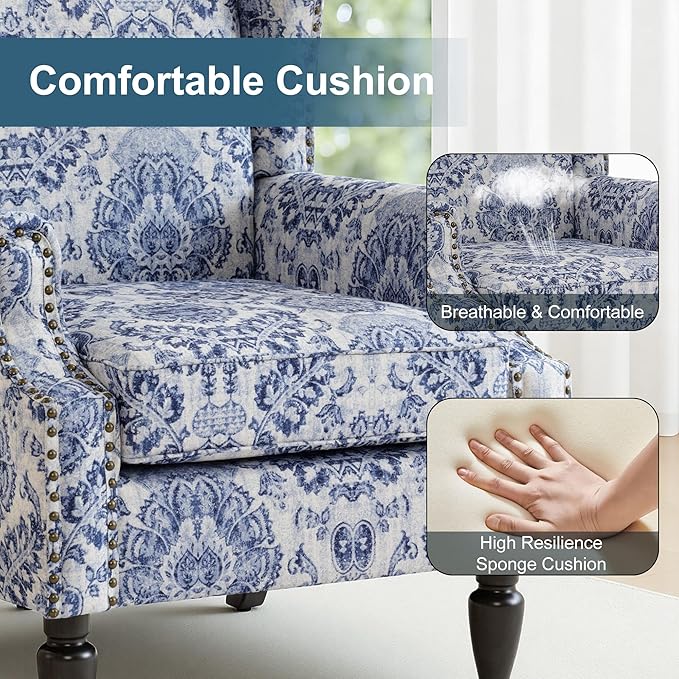 Wingback Chair, High Back Floral Accent Chair in Fabric, Comfy Upholstered Armchair with Nailhead Trim for Living Room, Single Sofa Reading Chair for Small Spaces, Bedroom-Navy