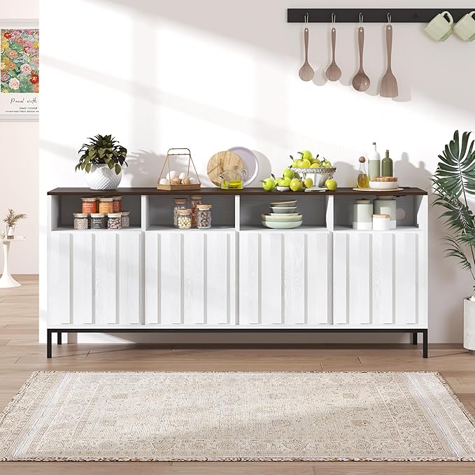 COCO DESIGN 70" Buffet Sideboard Cabinet with Fluted Panel Doors, Large Credenza Console with Power Outlet & Adjustable Shelves, Modern Storage Cabinet for Kitchen & Living Room, White