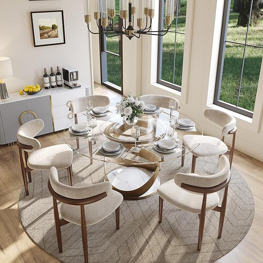 POVISON 59" Modern Round Dining Table, Glass Round Kitchen Table for 6, Glass Dining Room Table Top with Bronze X Carbon Steel Base for Dining Room (Dining Table Only)