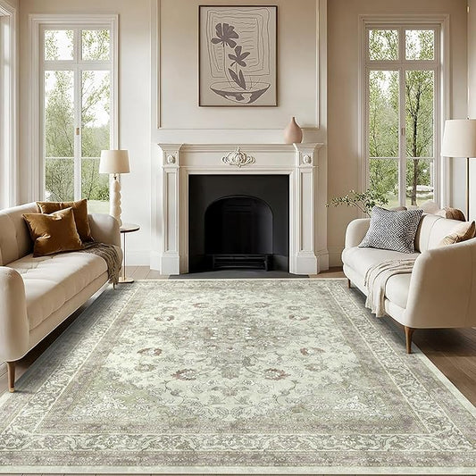 vivorug Sage Green 5x7 Area Rugs - Ultra-Thin Washable Rug with Non-Slip Backing, Ideal for Living Room, Bedroom, Kitchen Floor Carpet - Vintage Floral, Easy Clean, Durable, Low Pile