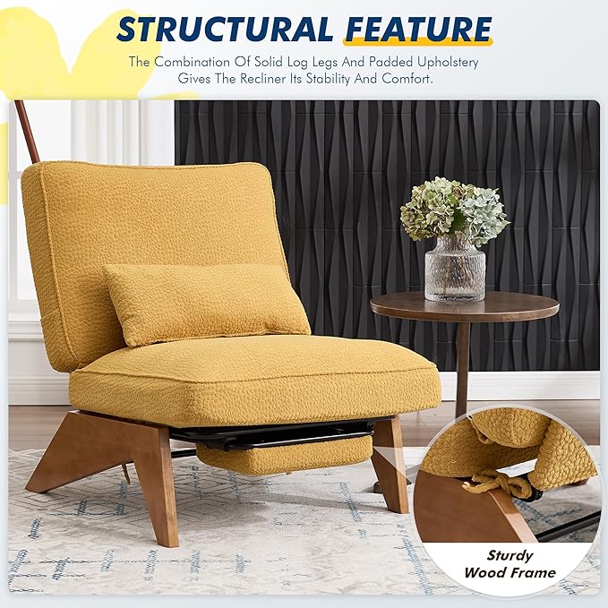 Accent Chair with Ottoman Adjustable Backrest, Stripe Living Room Chair Indoor Lounge Chair with Build-in Footrest Set, Modern Chair Cozy Reclining Chair for Reading Room, Yellow
