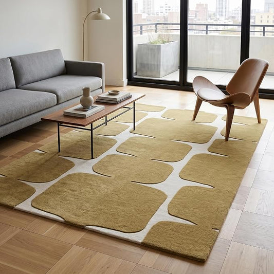 Restoration and Renovation Modern Wool Area Rug - Contemporary Abstract Geometric Design, Thick & Soft Hand-Tufted Carpet - Ideal for Indoor Decor in Living Room, Bedroom (Gold, 2.6' x 8')