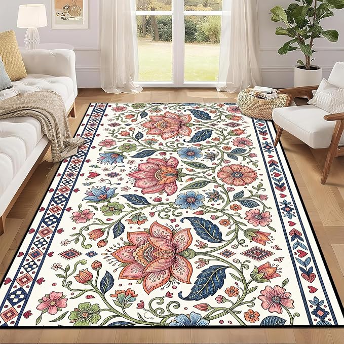 3'x5' Boho Floral Area Rug Vintage Colorful Botanical Carpet Non-Slip Washable Rugs for Entryway Bedroom Living Room Nursery Kitchen Playroom Home Decor