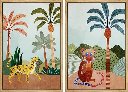 IDEA4WALL Framed Canvas Print Wall Art Set Wild Tropical Jungle Safari Cheetah & Monkey Nature Wilderness Digital Art Modern Art Decorative Animal for Living Room, Bedroom, Office - 24"x36"x2 Natural