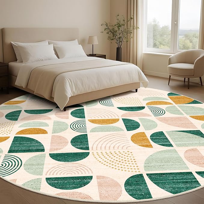 MUJOO Round Rugs 9ft,Circle Area Rug Washable,Circular Rugs for Living Room Dining Room,Large Boho Non Slip Throw Floor Carpet Modern Abstract Sage Green