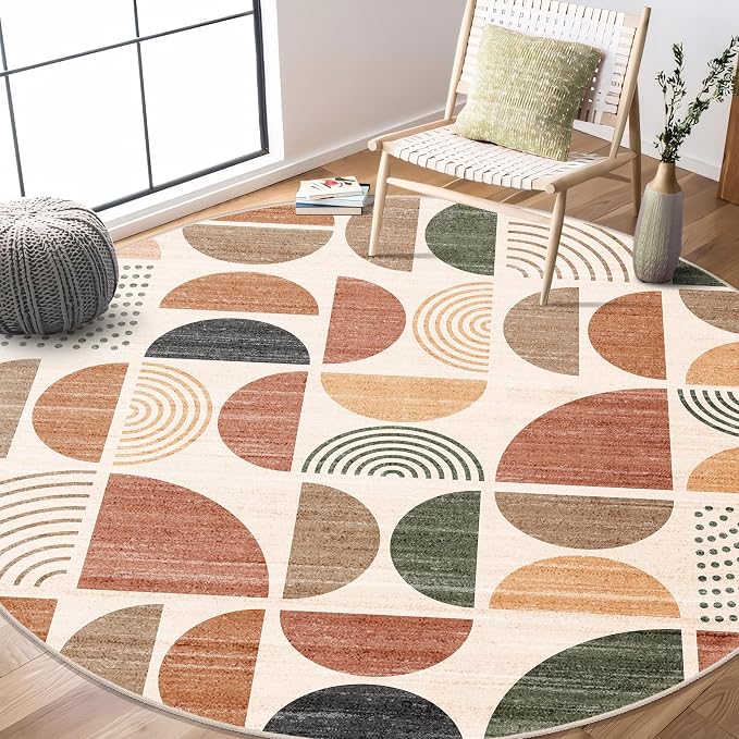 MUJOO Round Rugs 6ft,Circle Area Rug Washable,Circular Rugs for Living Room Dining Room,Large Boho Non Slip Throw Floor Carpet Modern Abstract Bohemian Terracotta