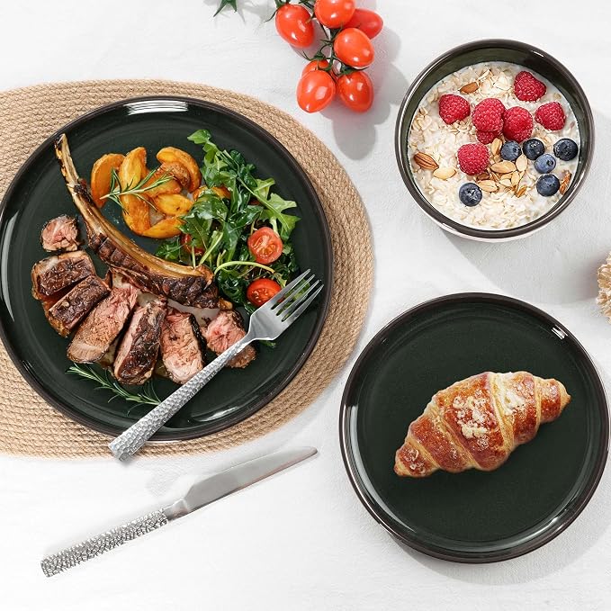 E-far Stoneware Dinnerware Sets for 2, 6 Pieces Reactive Glaze Plates and Bowls Sets, Elegant Dishes with Rustic Terracotta Base, Dishwasher & Microwave Safe, Scratch Resistant, Blackish Green