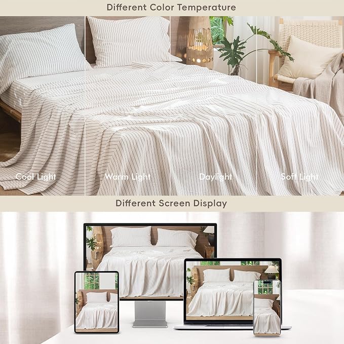 MooMee Striped Sheet Set 100% Washed Cotton Linen Like Textured Breathable Durable Soft Comfy (White Dark Orange Wide Stripes, Queen)