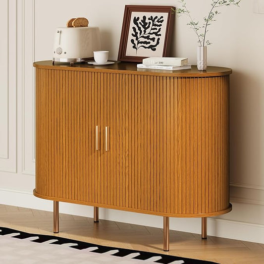 DHH Sideboard Buffet Cabinet with Storage,Mid Century Modern Fluted Accent Coffee Bar Console Table,Tambour Sliding Doors& Adjustable Shelf for Kitchen, Living Room, Entryway (Yellow walnut40 Inch)