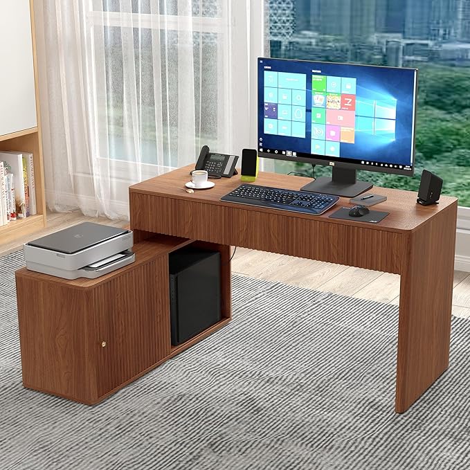 Modern Computer PC Desk Table with Storage, Corner L Shaped Desk with Drawers, Home Office Desk for Bedroom and Small Space, for Writing, Executive, Study, Work, Vanity - Walnut
